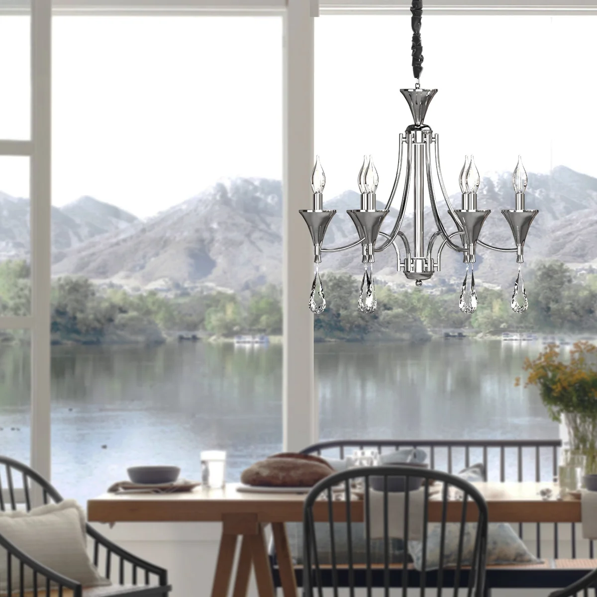 Vintage chandelier ceiling light with crystal beads, chrome finish and adjustable chain hanging from ceiling