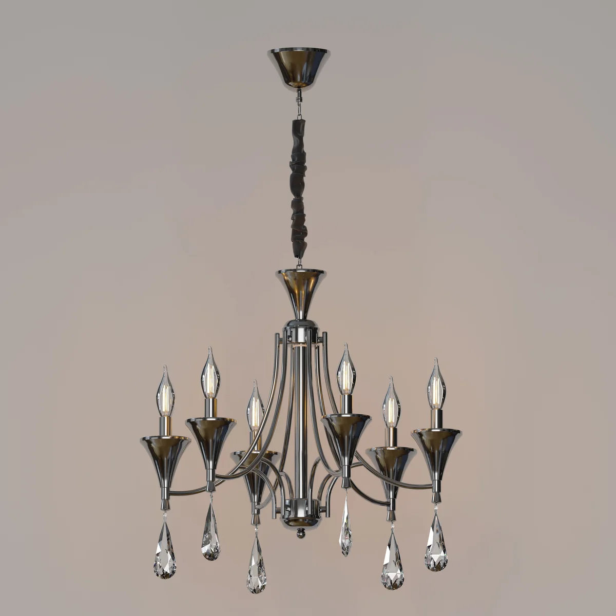 Adjustable pendant chandelier with crystal globes and chrome finish, featuring adjustable chain.