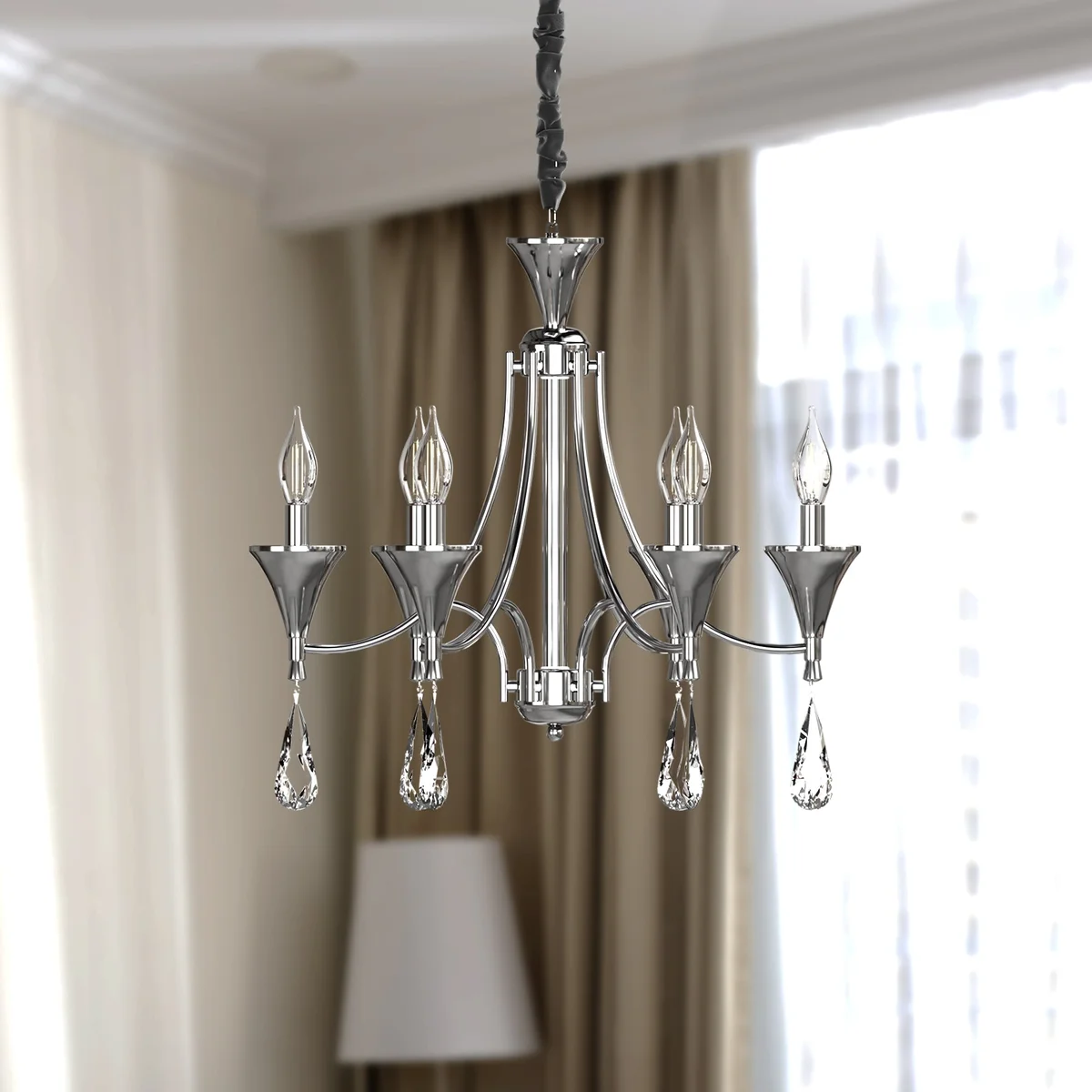 Indoor crystal chandelier with chrome finish, 6 crystal lights, adjustable chain, vintage style hanging from ceiling