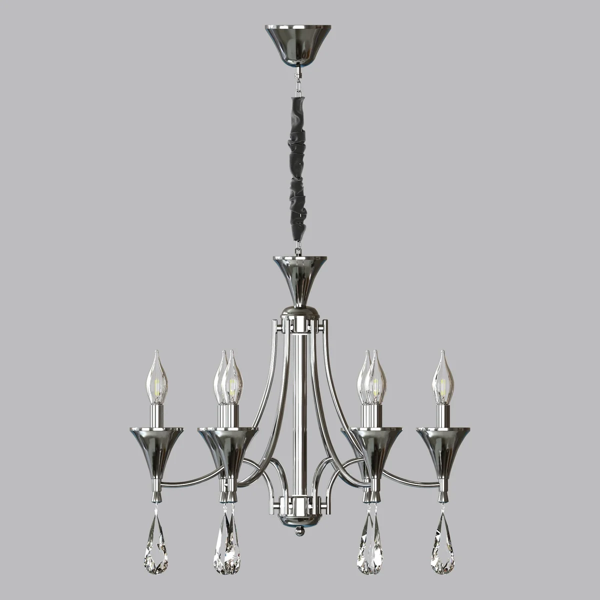 Vintage crystal chandelier light with chrome finish and adjustable chain, showing six crystal prisms hanging from ceiling.