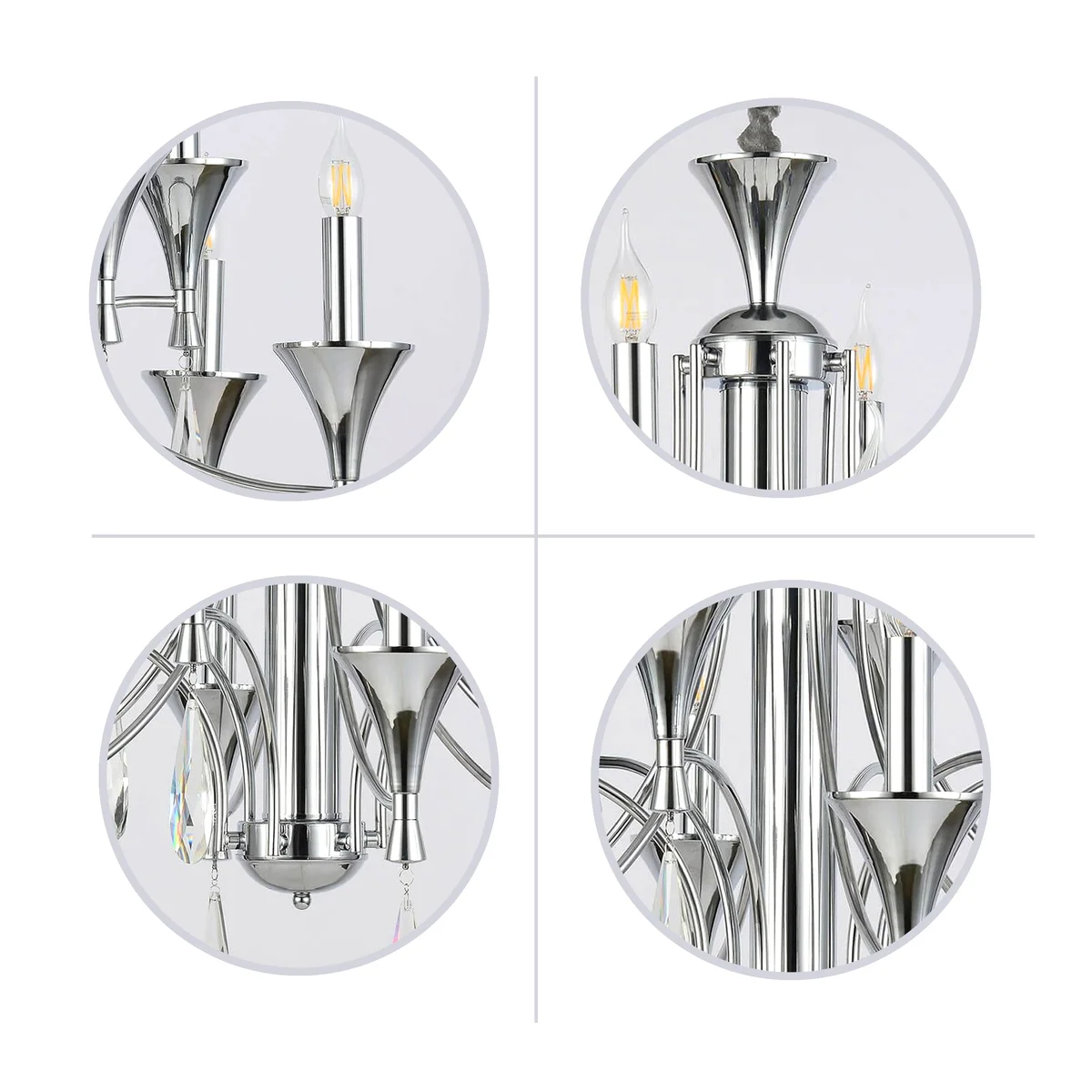 Crystal chandelier light with chrome finish hanging from ceiling, featuring crystal globes and adjustable chain