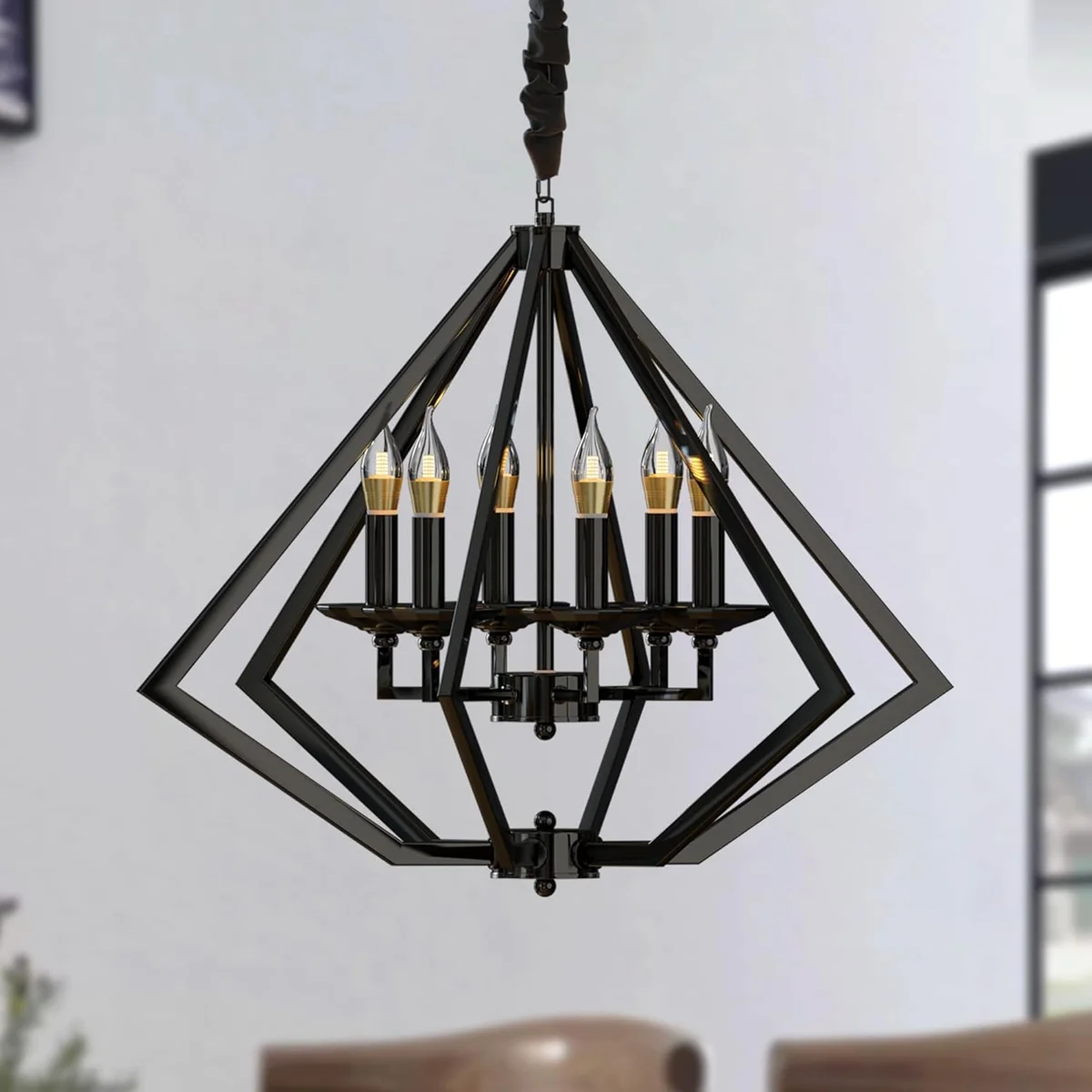 Diamond-shaped brushed nickel chandelier with six E14 bulbs, hanging from a ceiling mount.