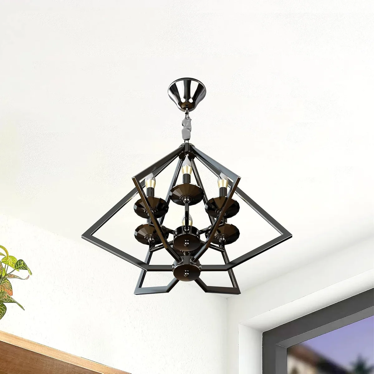 Diamond-style brushed nickel 6 light chandelier with adjustable cord, metal construction, ceiling mounted indoor/outdoor