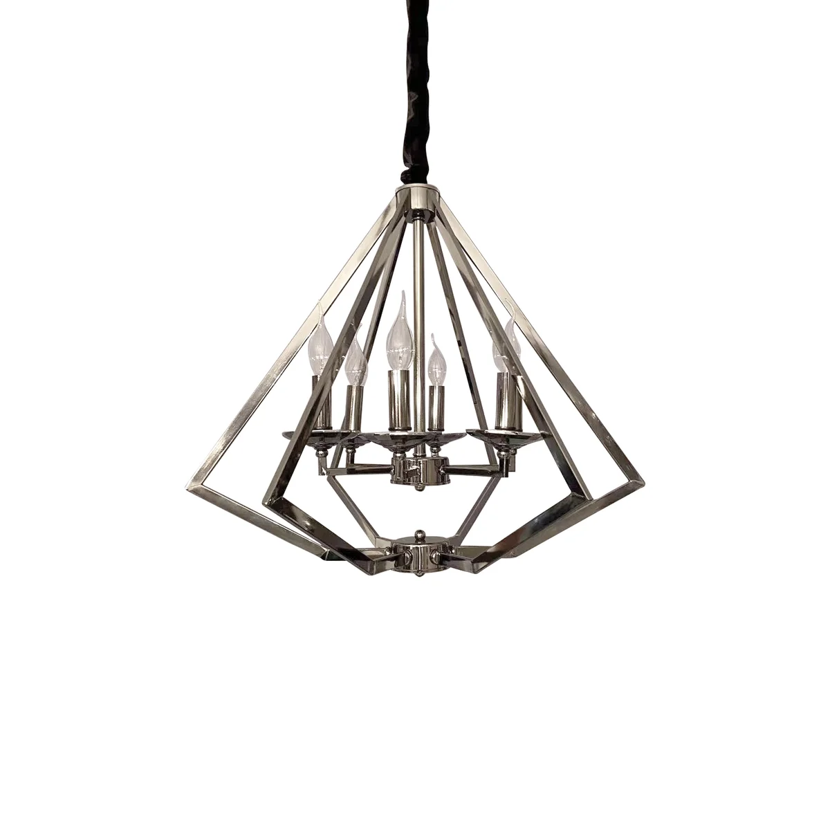 Adjustable pendant light: diamond‑shaped brushed nickel chandelier with six lights, metal frame, ceiling‑mounted, dimmable.
