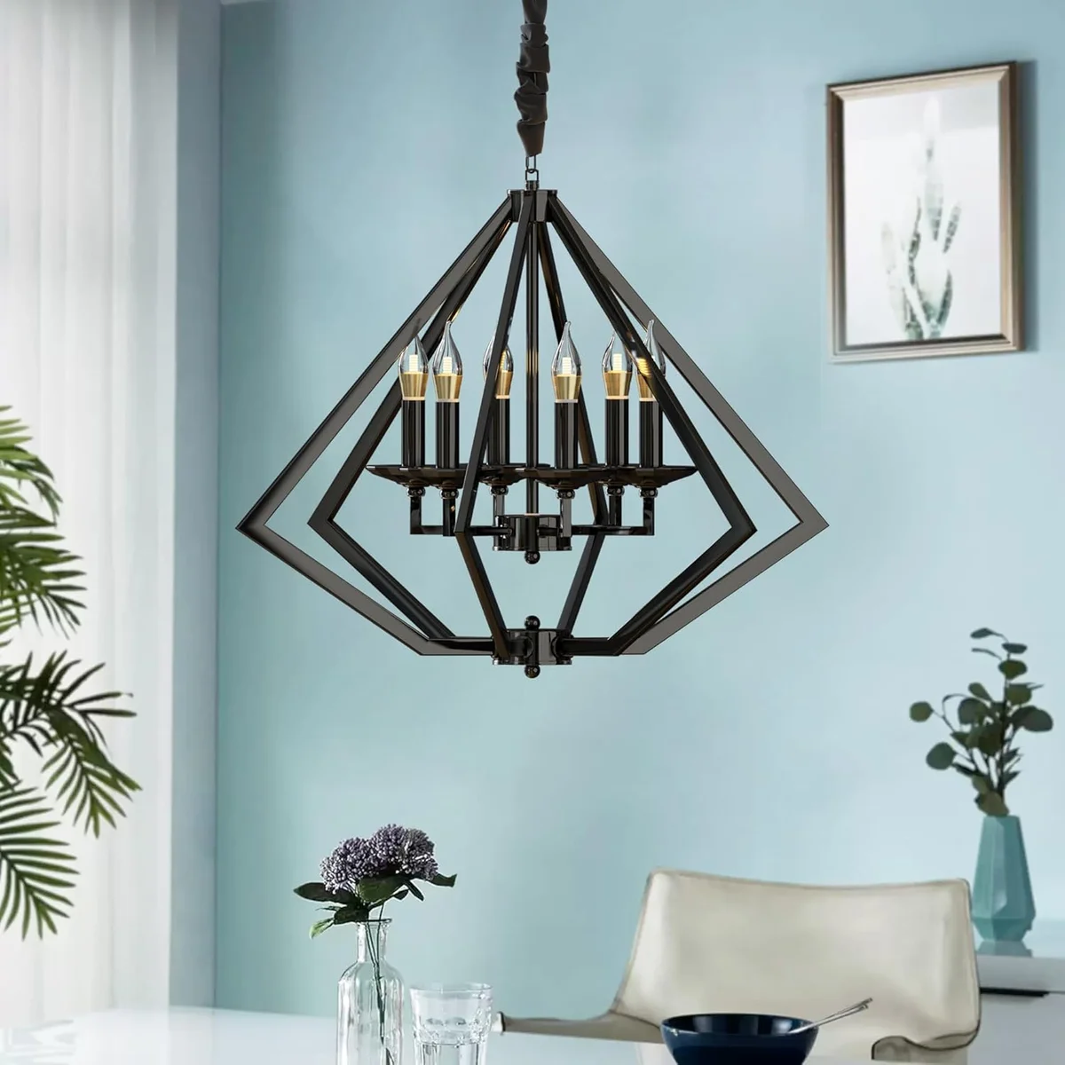 Diamond-shaped brushed nickel chandelier with six lights, classical style, ceiling mounted, dimmable, A+ energy rating.