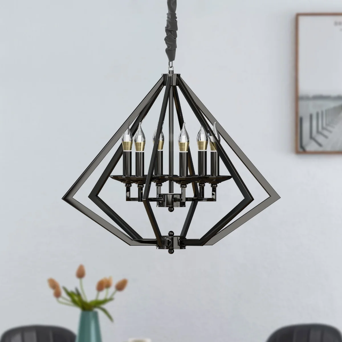 Diamond-shaped brushed nickel metal chandelier indoor with six light bulbs