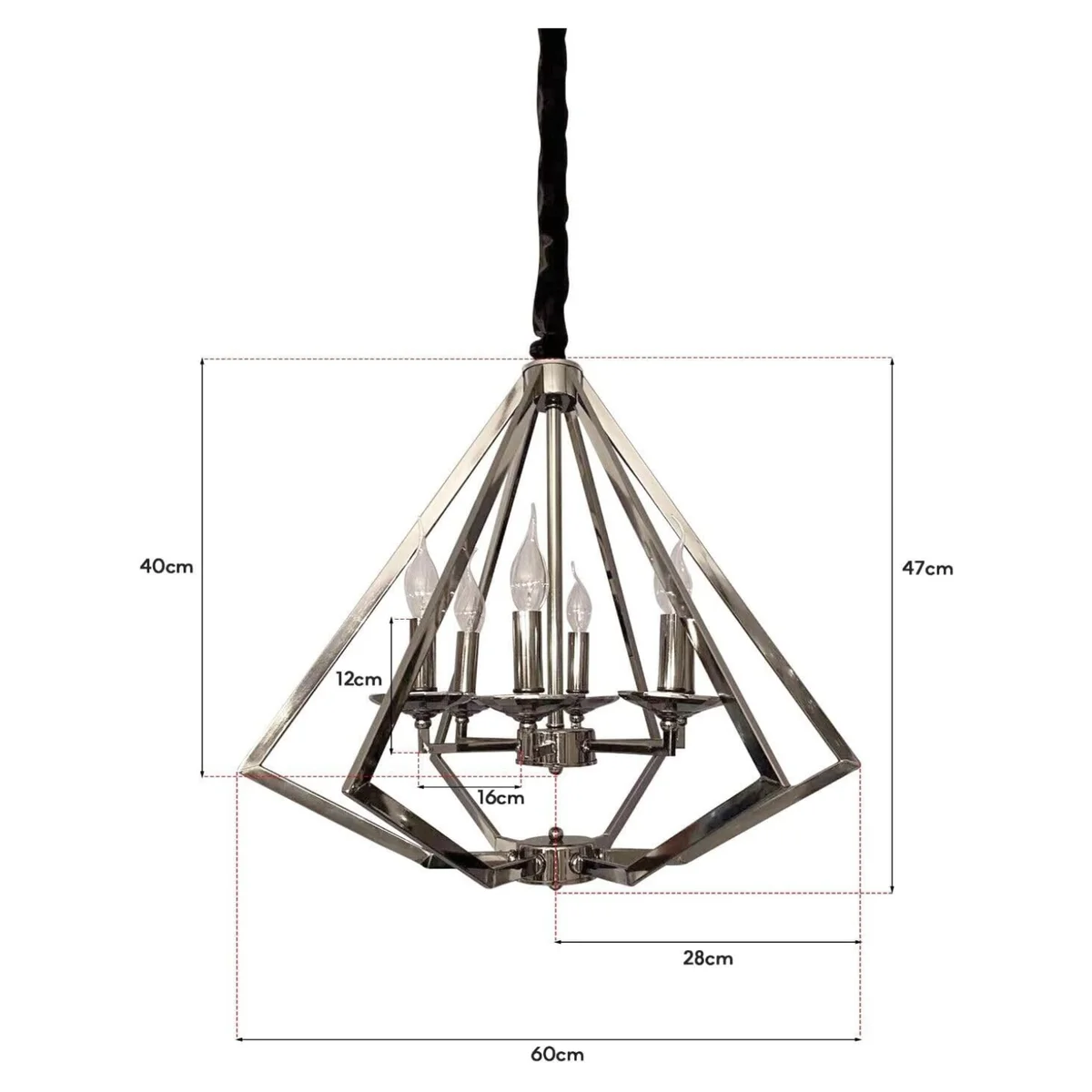 Diamond-shaped brushed nickel chandelier with six glowing lights, suspended from a ceiling, adjustable cord.