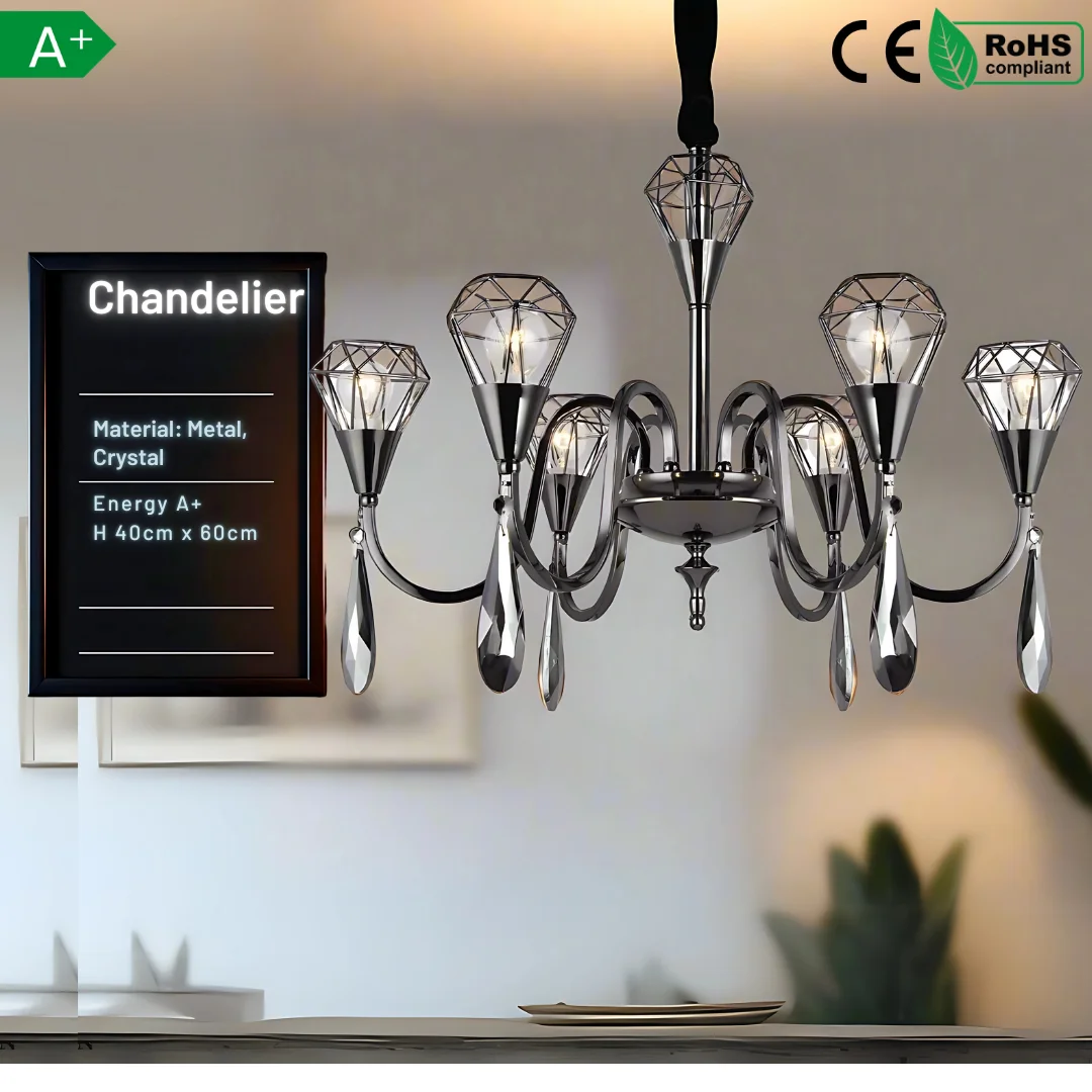 Black rustic antique chandelier ceiling light with crystal accents, E14 sockets, adjustable chain.
