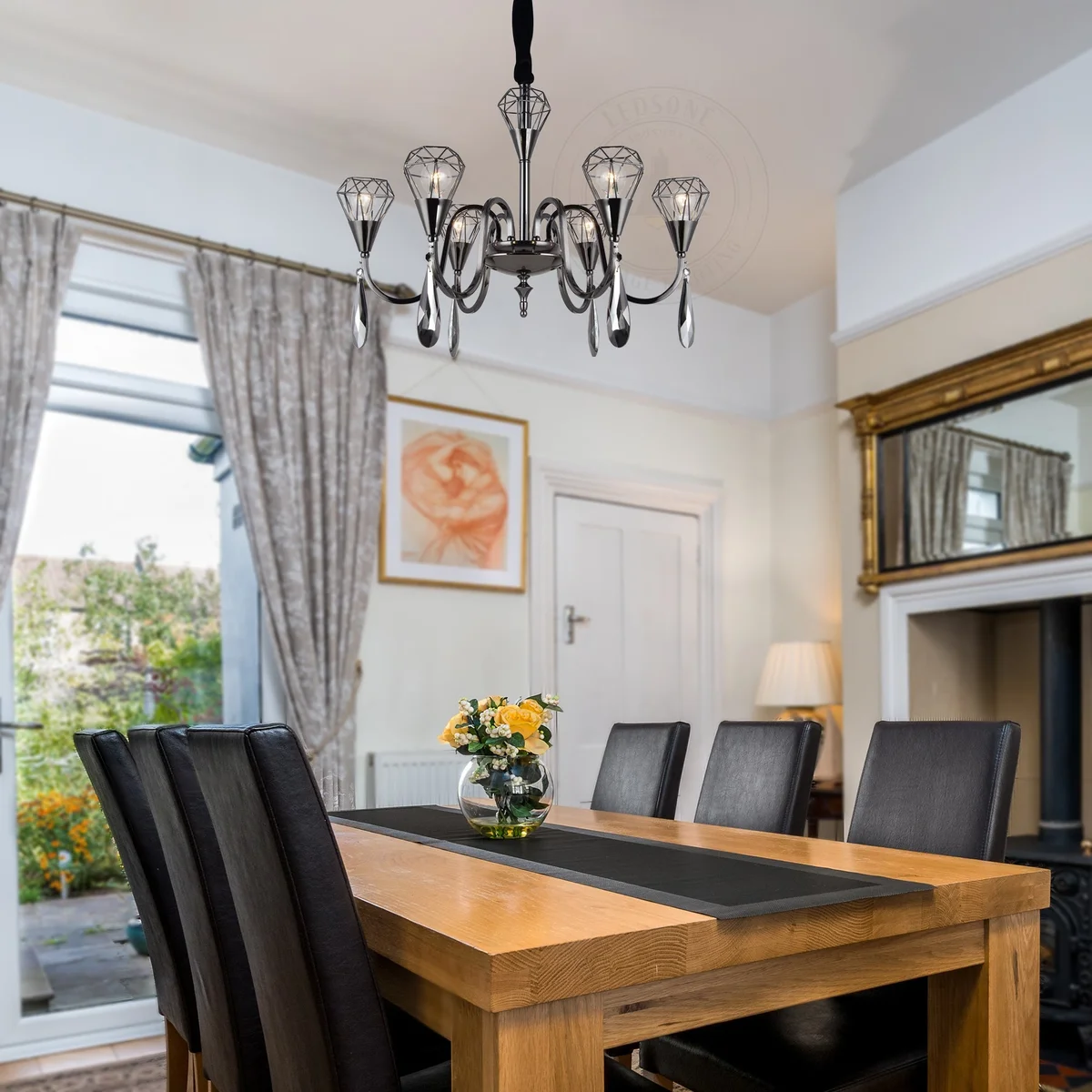 Black rustic crystal chandelier pendant with adjustable chain, 6 lamps, modern farmhouse candle style, mounted on ceiling