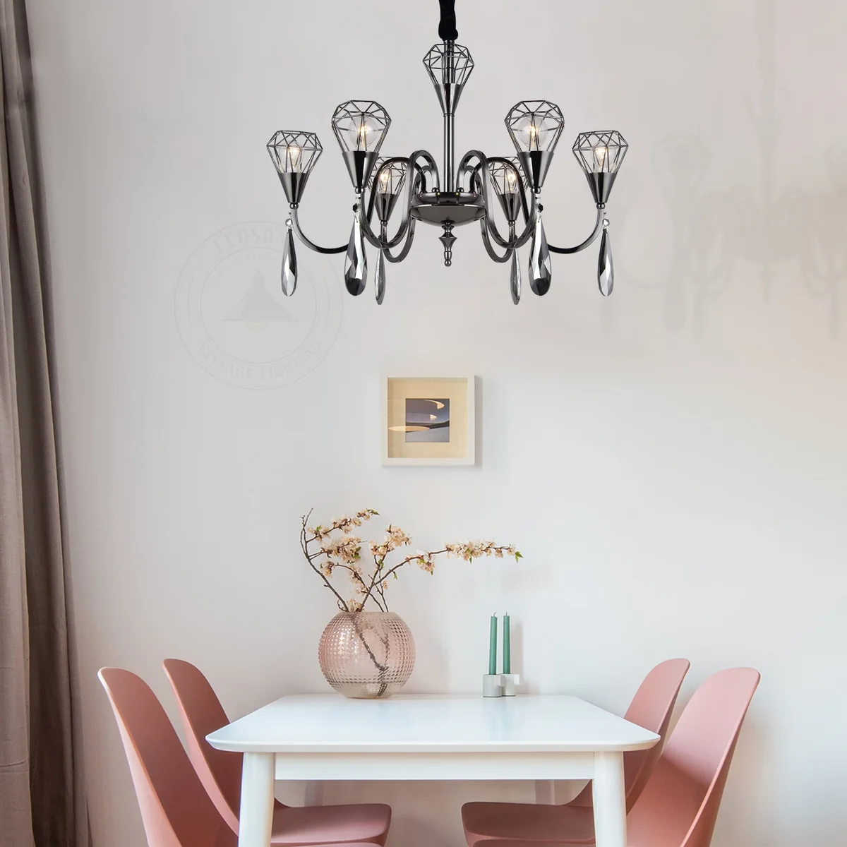 Black rustic 6‑lamp chandelier with crystal accents, featuring an adjustable chain chandelier and E14 sockets