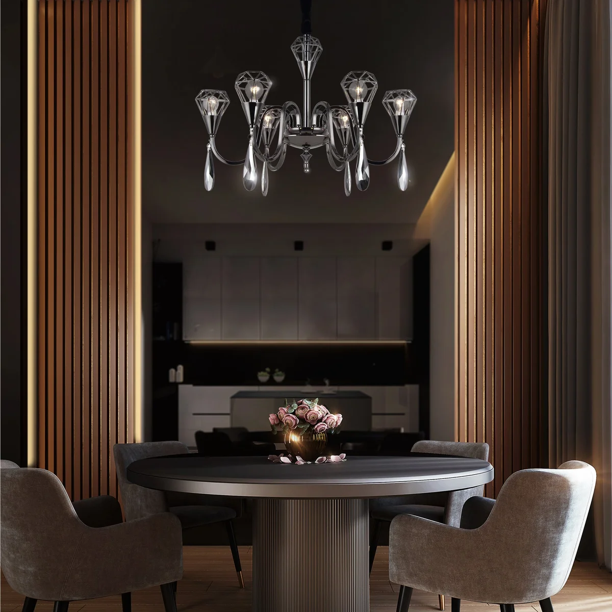 Modern black rustic chandelier with adjustable chain, crystal glass shards and E14 sockets, farmhouse candle style lighting.