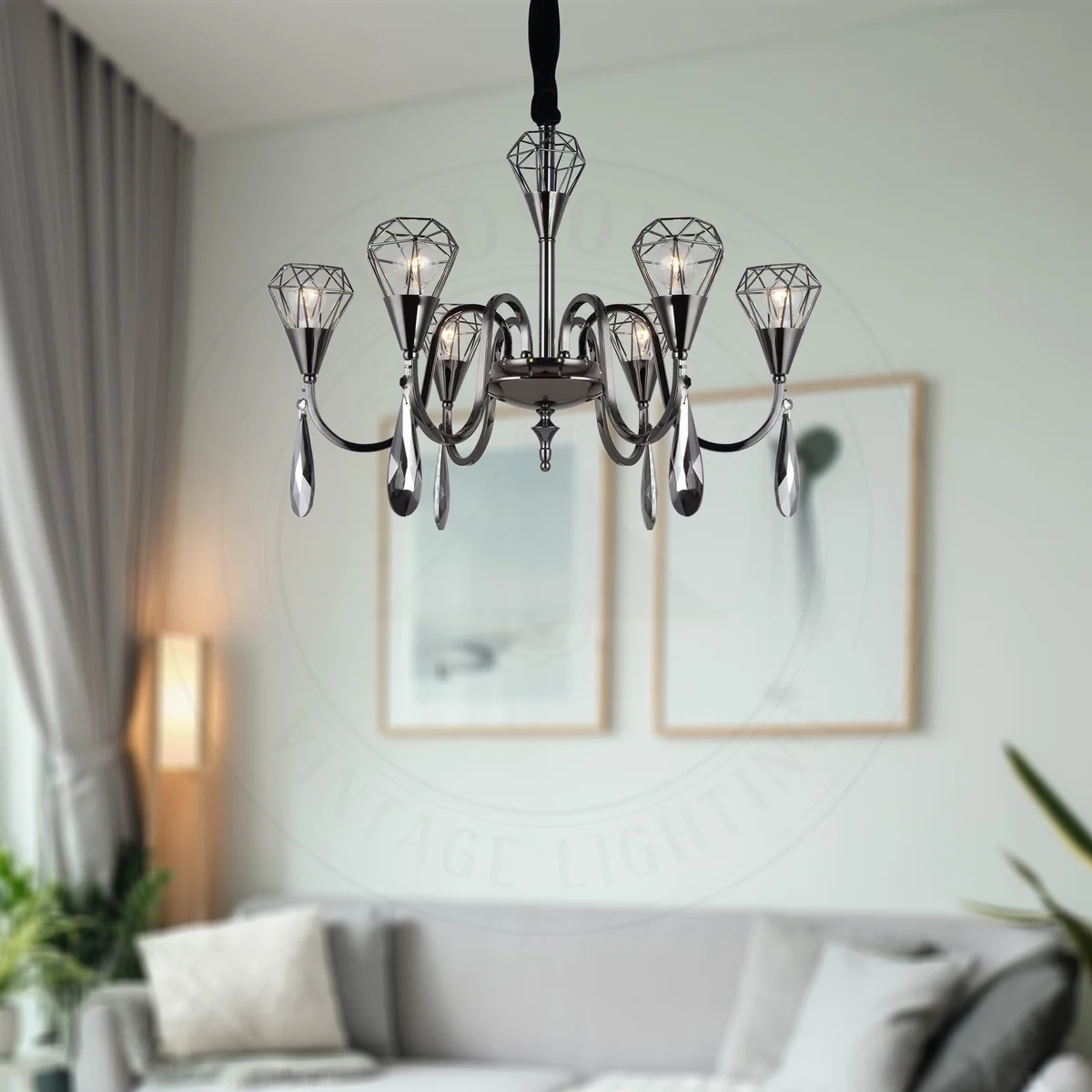 Six‑lamp black rustic chandelier with crystal, adjustable farm‑house style chain, dimmable indoor chandelier.