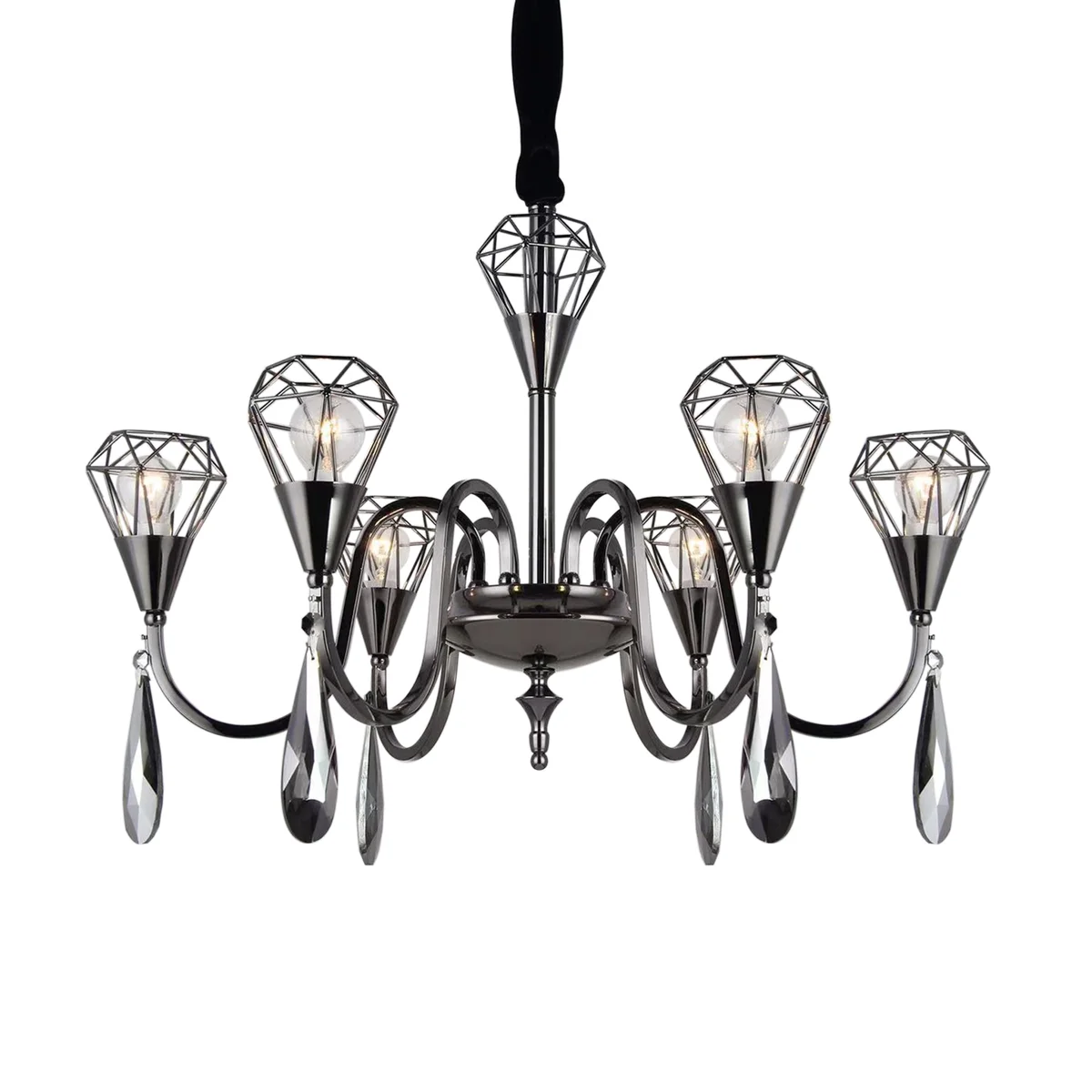 black rustic ceiling light with crystal detailing, E14 sockets, adjustable chain, mounted on ceiling.