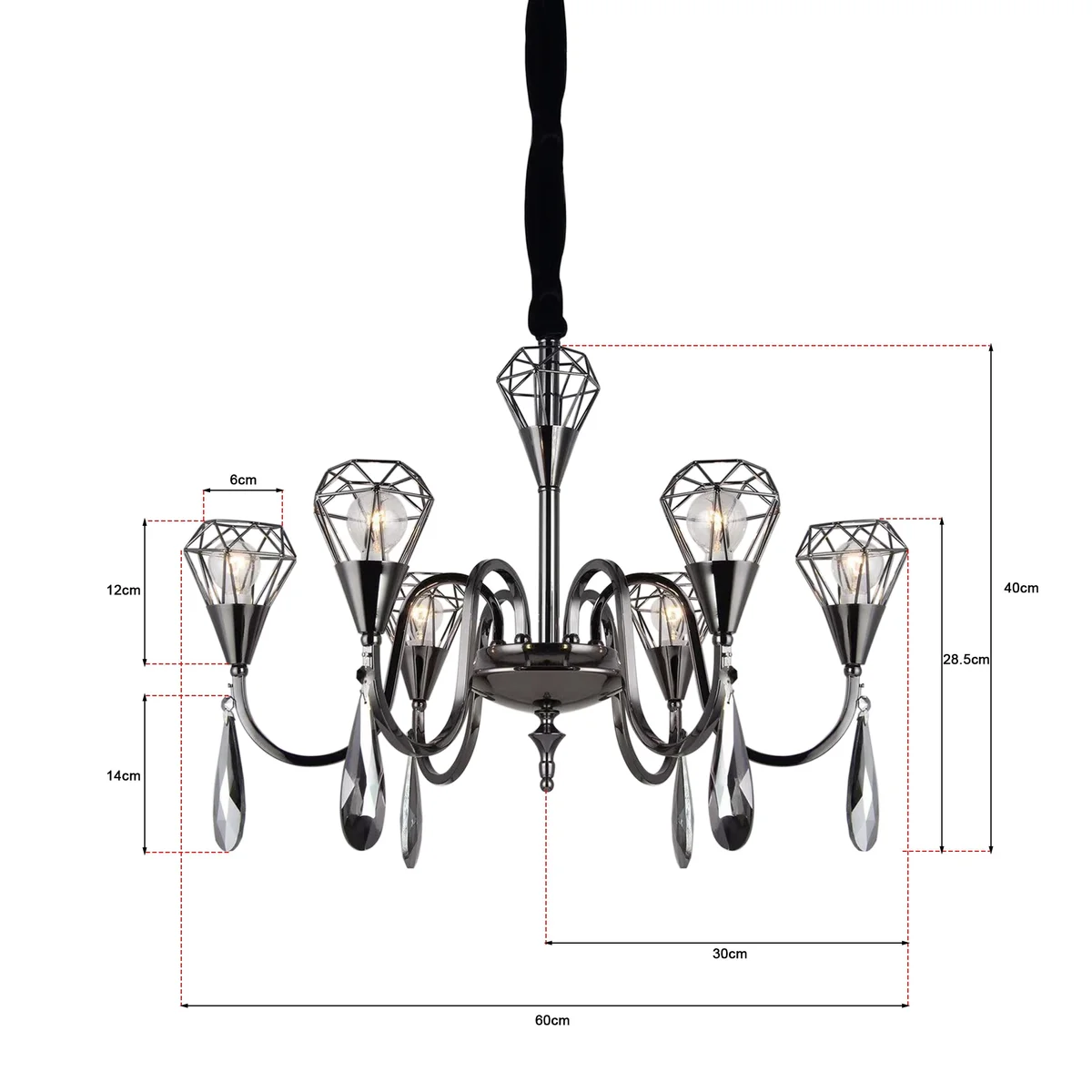 Antique chandelier ceiling light with black rustic finish and crystal accents, adjustable chain, E14 sockets.