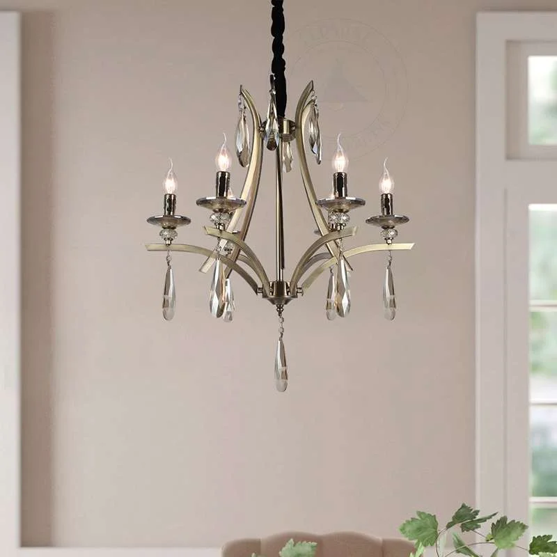 Golden rustic 6 light crystal chandelier ceiling light with adjustable height, crystal drapes and metal frame
