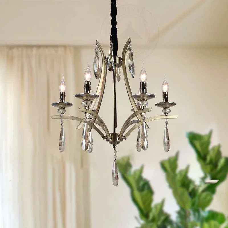 Gold‑rustic adjustable pendant light with 6 crystal globes, E14 sockets, hanging from ceiling