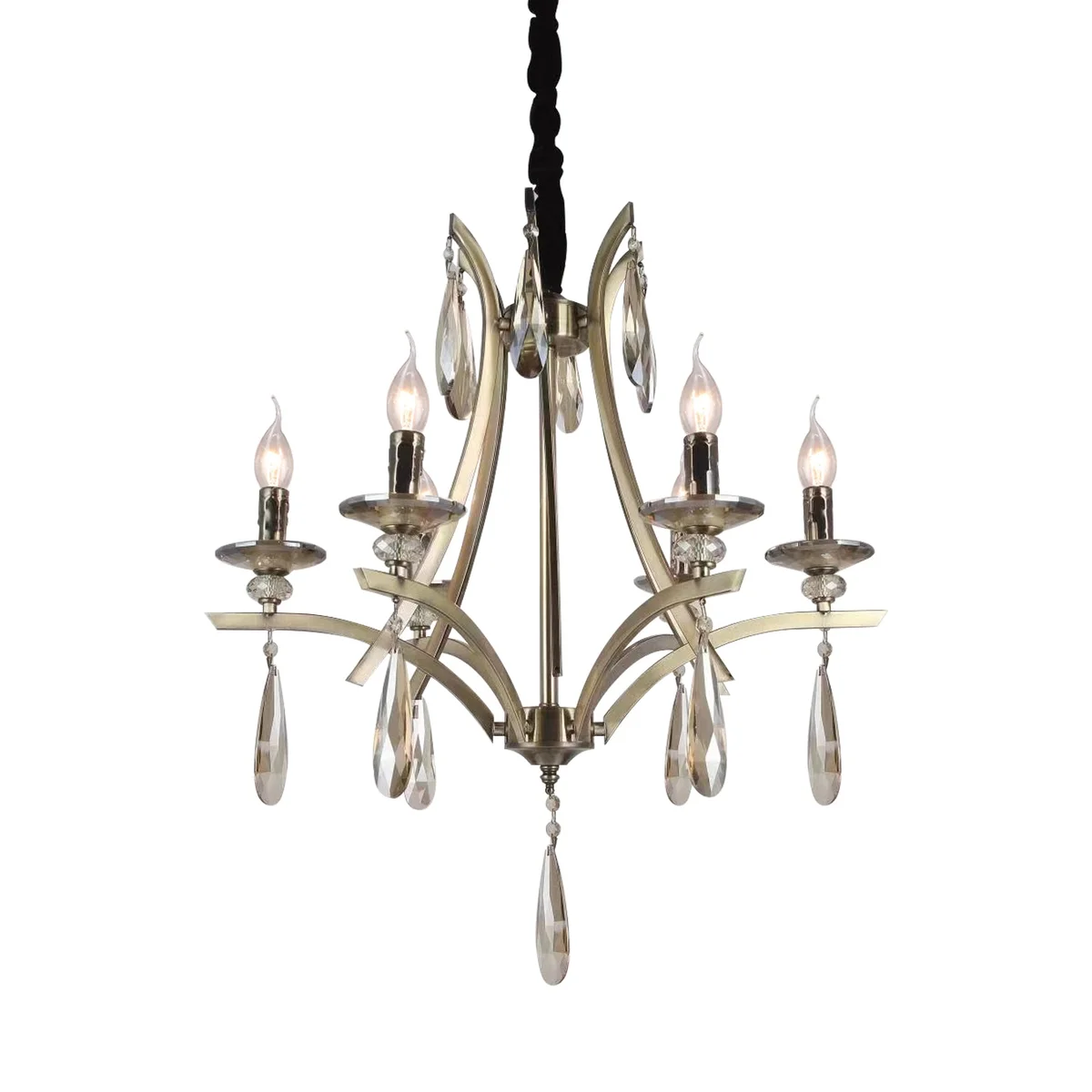 vintage crystal chandelier with six golden lights and crystal beads, adjustable suspension, indoor style