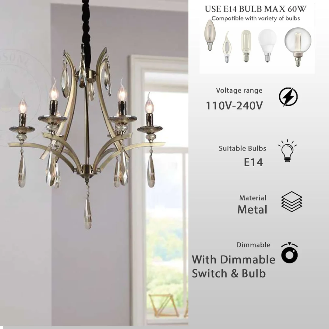Golden crystal chandelier with 6 adjustable E14 sockets, sleek metal frame, perfect for living room or dining room decor.