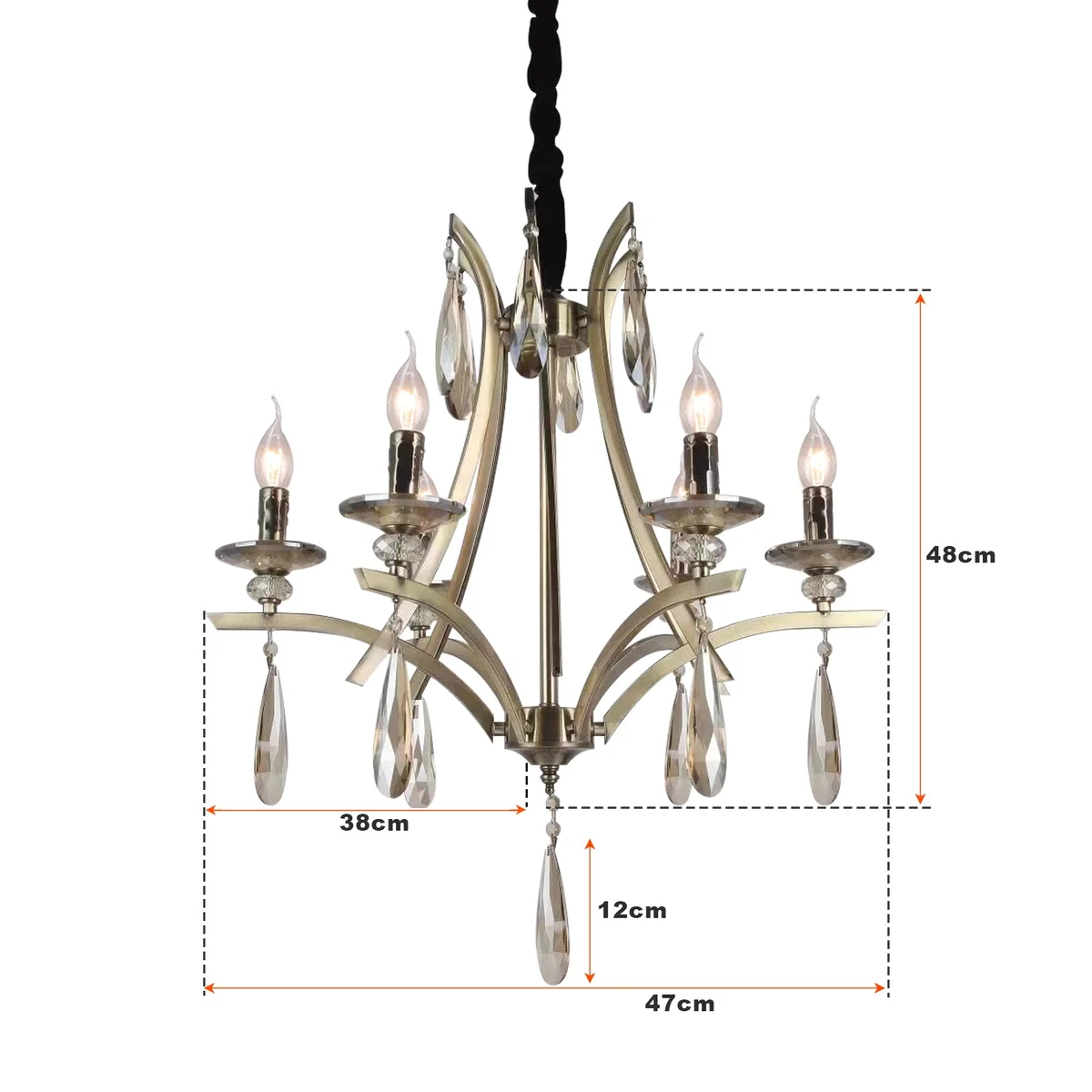 Gold‑rustic 6‑light crystal chandelier, dimmable indoor with adjustable height, E14 sockets, elegant vintage style