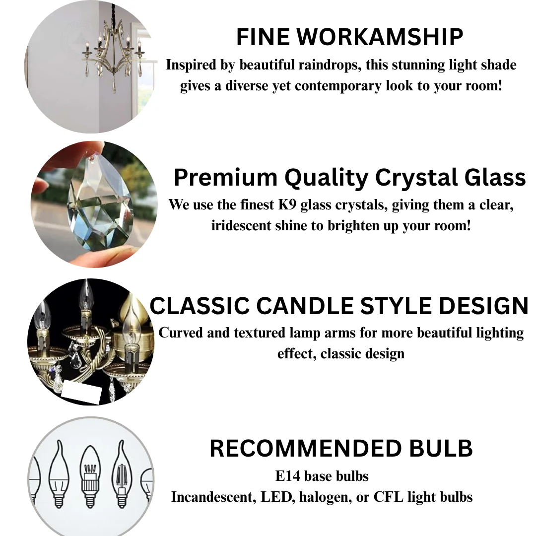 Golden metal and crystal chandelier with 6 lights, adjustable height, E14 sockets, bright crystal sparkle