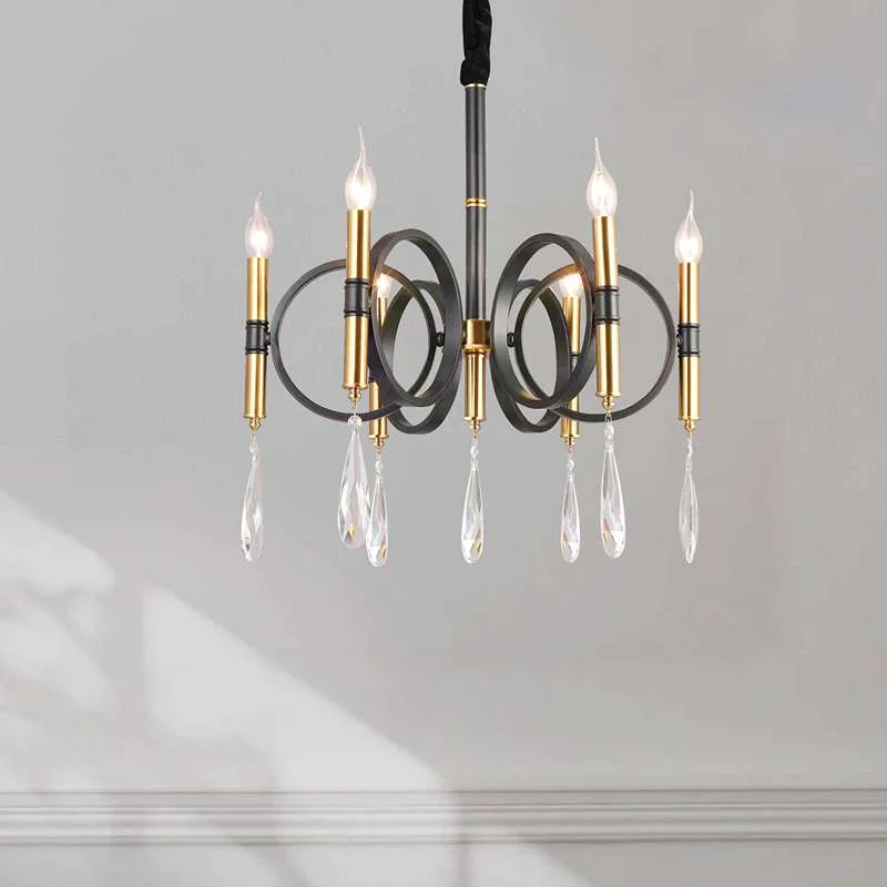 Gold chandelier kitchen island with six crystal lights and candle design.