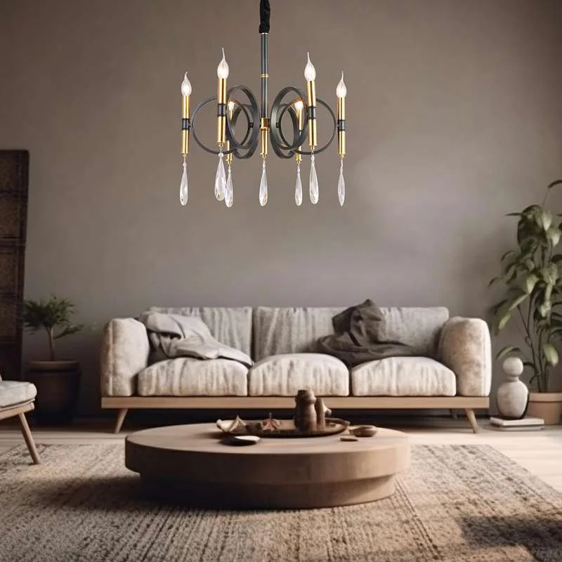 Golden six‑light chandelier with crystal candle lamps on metal arms, classic European style for kitchens and indoor rooms.