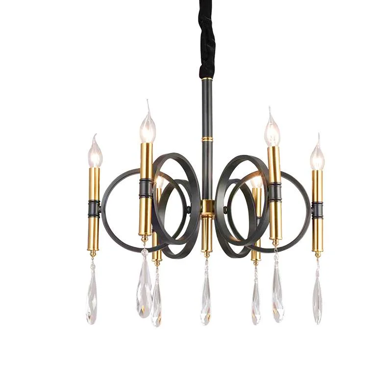 Gold crystal chandelier with six candle‑shaped arms, dimmable ceiling light for a traditional kitchen or living room.