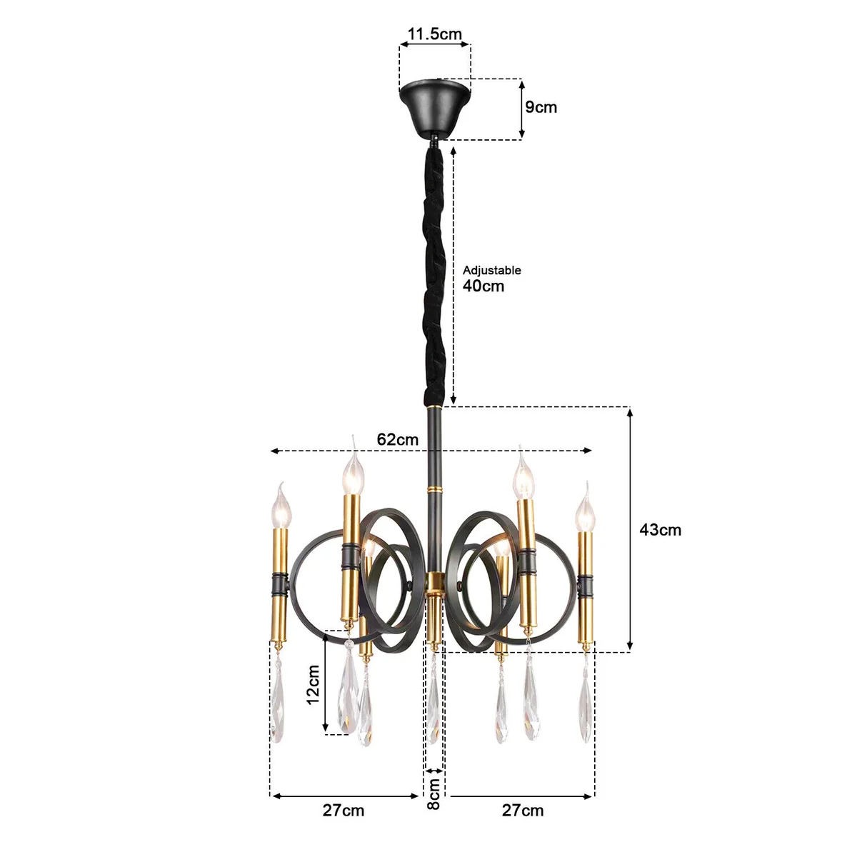 Gold crystal chandelier light with six candle‑shaped lights on circled metal arms, bright soft glow.