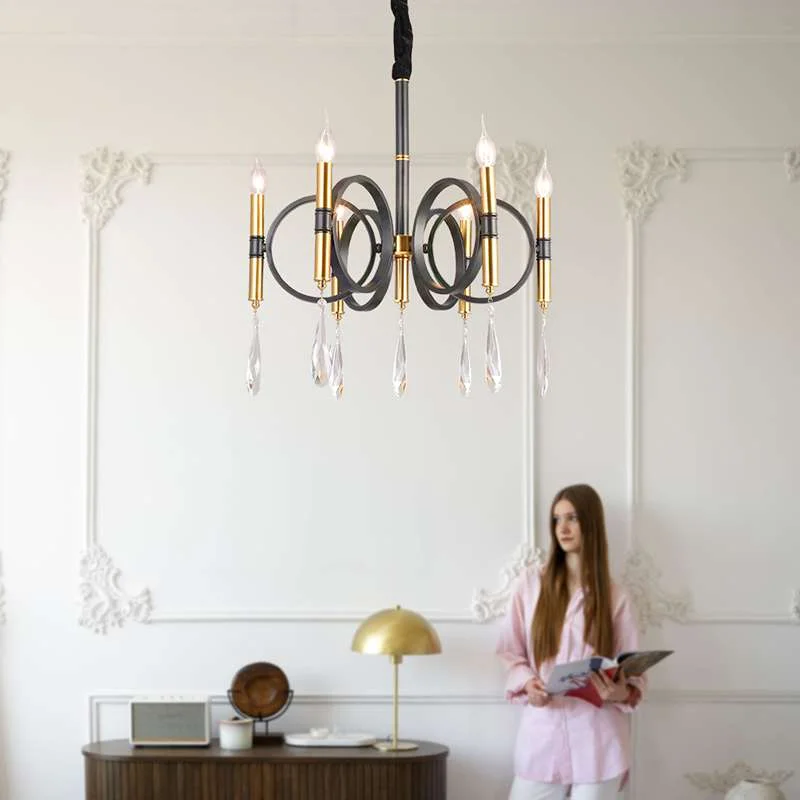 Gold crystal chandelier with six candle‑shaped metal arms for hardwired kitchen lighting, iron construction, dimmable.