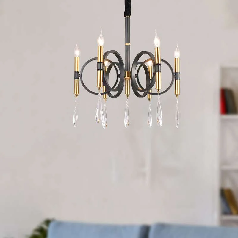 Six‑light gold chandelier with crystal arms for kitchen island, traditional candle design, soft warm glow