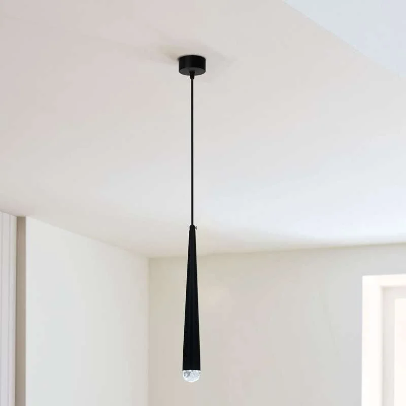 Black conical pendant light hanging from ceiling, matte black aluminium finish, long adjustable PVC cable, modern design