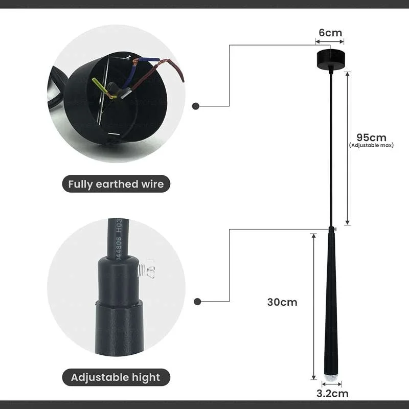 Black conical pendant light with matte aluminium finish, suspended by 95cm PVC cable, illuminating with 3W LED