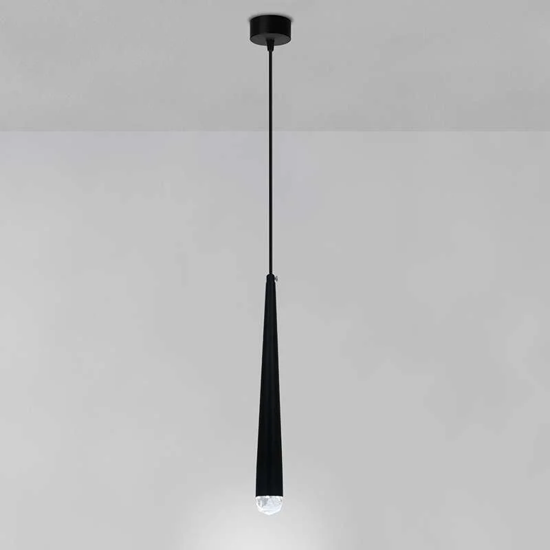 Black matte aluminium LED pendant light with conical shade, 30cm tall, 3.2cm wide, 6cm rose, 95cm adjustable cable