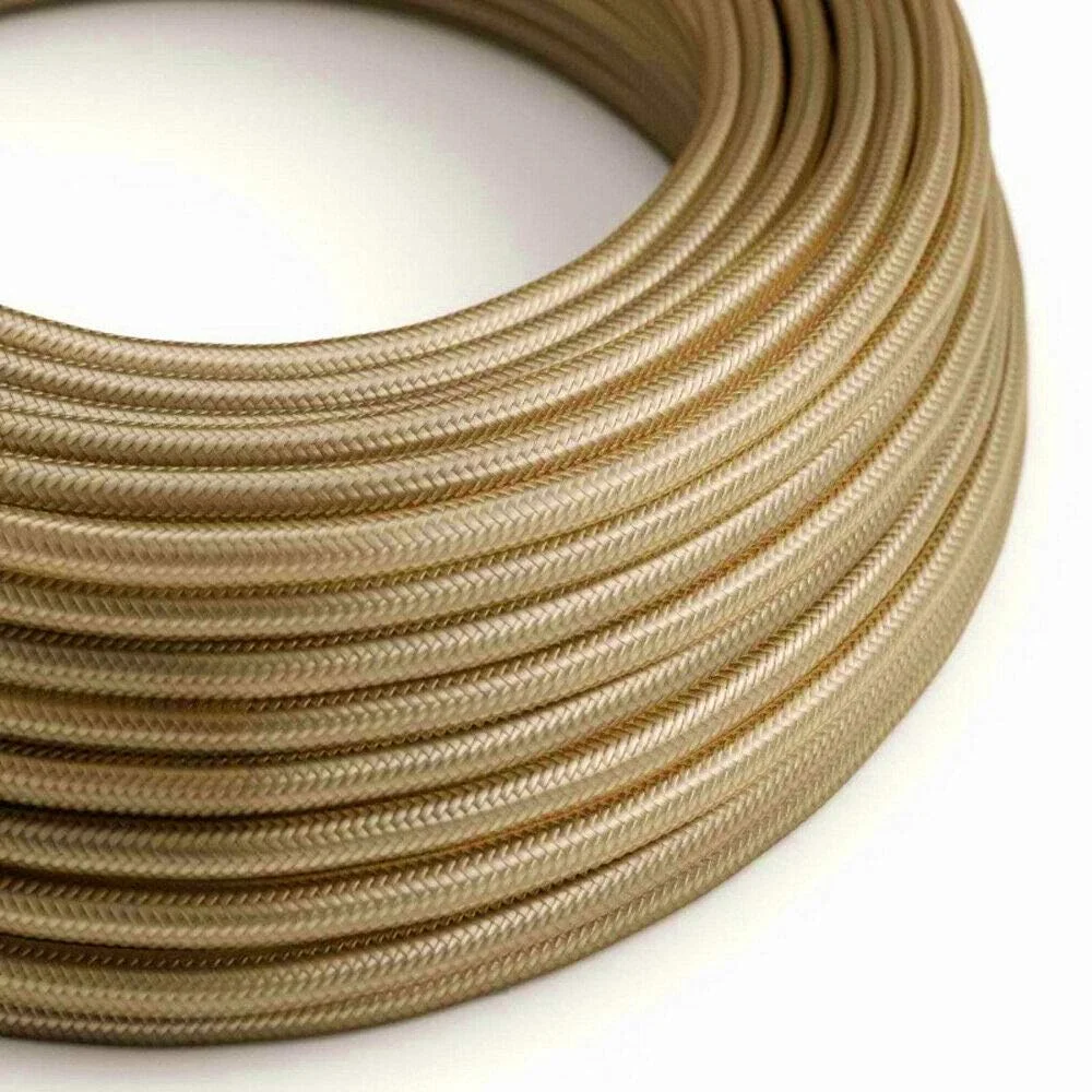 Gold fabric lighting cable, 3-core, round braided, 7 mm diameter, presented in a coil for indoor fixtures.