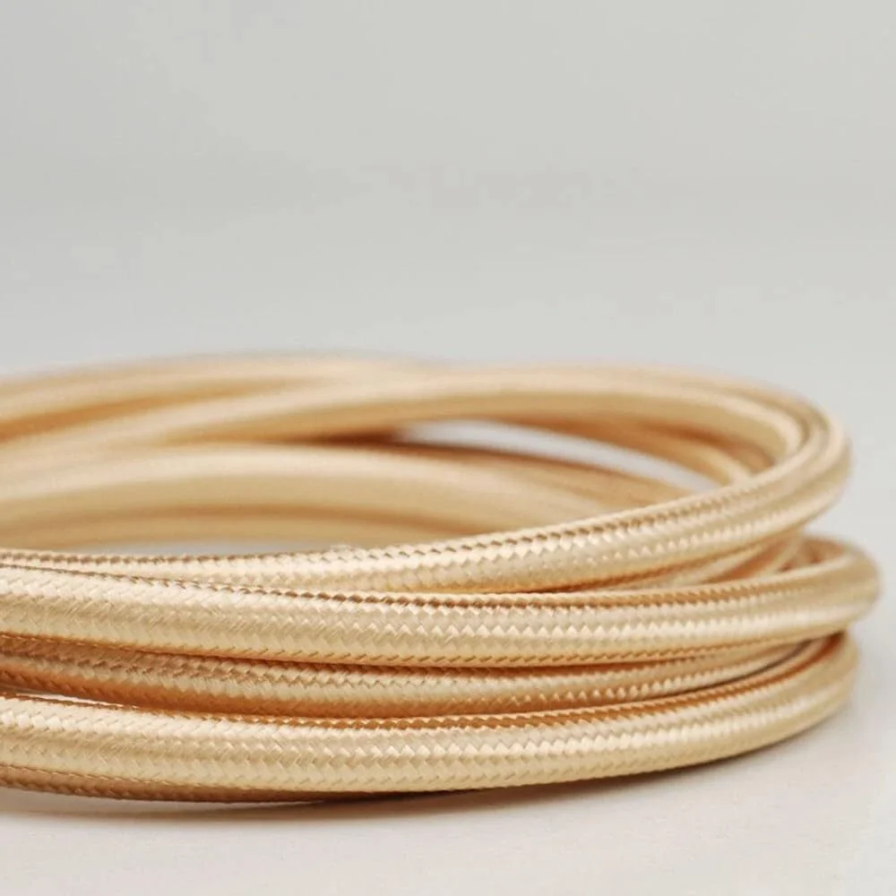 3 core electrical cable, gold braided round fabric finish, 7 mm diameter, length displayed 1m/5m/10m options