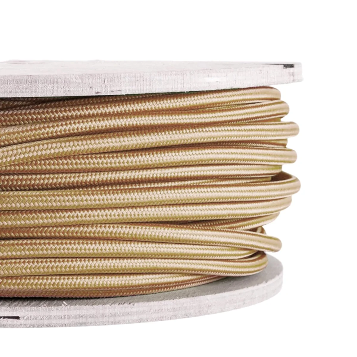 Gold braided fabric vintage braided cable, round 3-core, 7mm diameter, 800W rating, ideal for retro lighting.