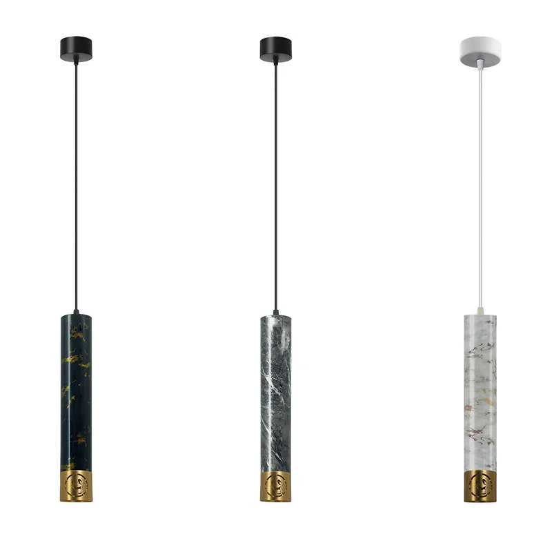 Kitchen pendant lighting with white aluminium shade and marble texture cylinder, adjustable cable.