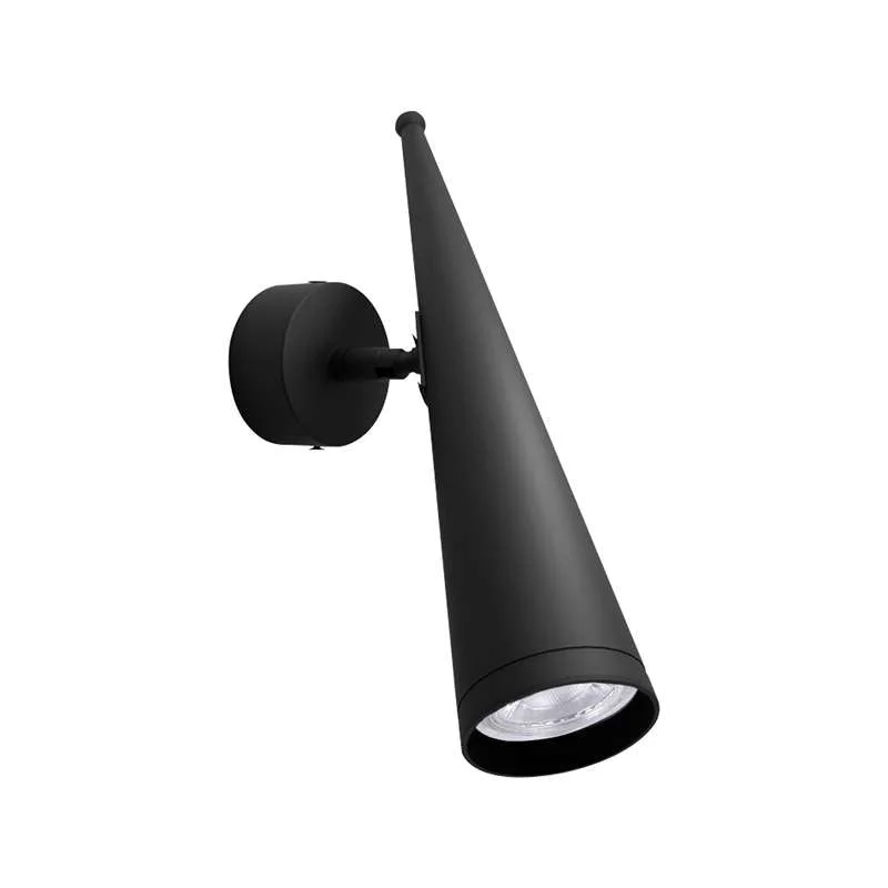 Modern matte black GU10 wall spotlight with adjustable cone shade, 30cm tall, metal wall sconce.