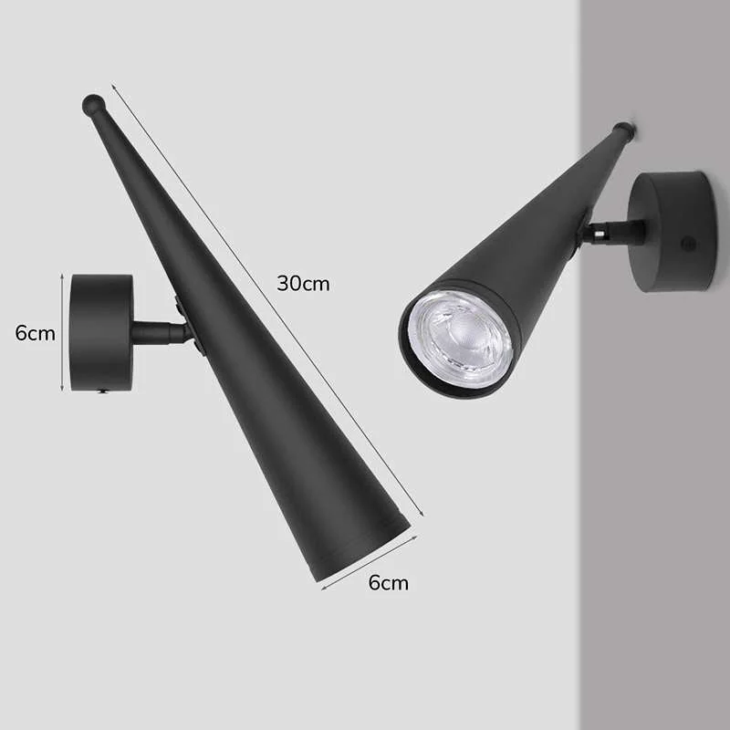 Modern matte black wall lamp with adjustable 30cm cone spotlight, metal shade, ceiling rose 6cm, wall mounted.