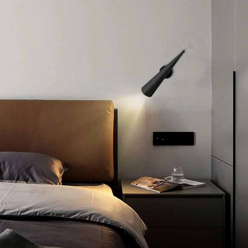 Matte black adjustable cone wall light, 30 cm cone mounted on wall with adjustable spotlight, metal finish.