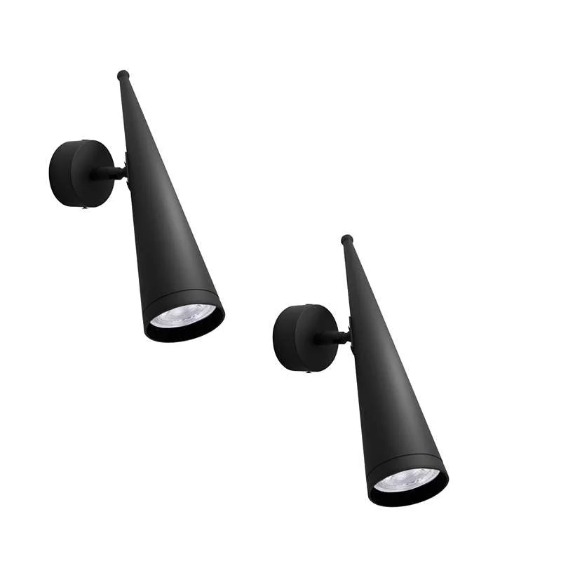 modern indoor wall light with matte black cone, adjustable spotlight, wall‑mounted metal fixture on brick wall.