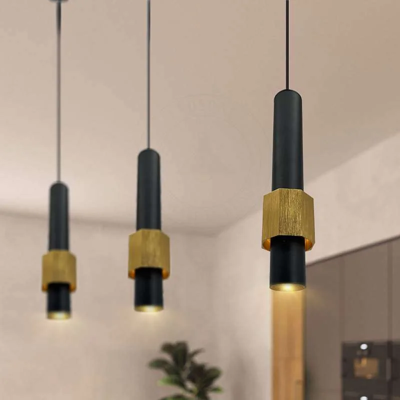 Modern black gold pendant light with cylindrical aluminium shade suspended by 95cm cable, LED long tube bulb, sleek contemporary design