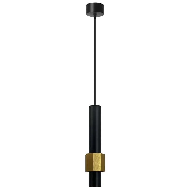 Black gold LED pendant light with cylindrical aluminium shade, hanging from ceiling via 95cm cable.