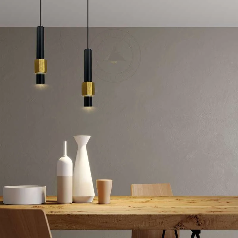 Sleek black and gold aluminium pendant light with cylindrical shade, LED tube bulb, 95cm cord for adjustable height.