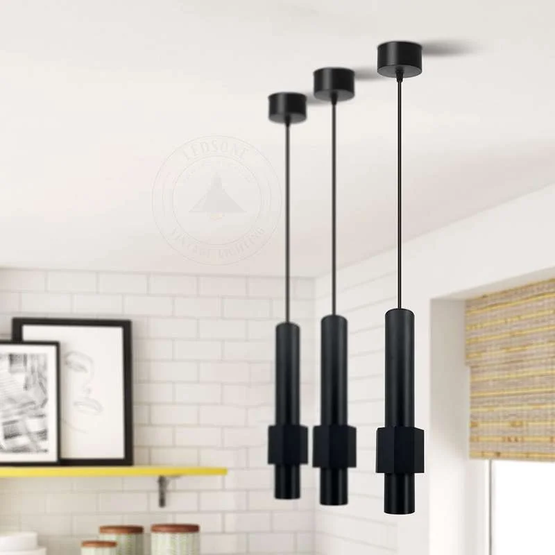 Black and gold LED tube pendant light with cylindrical aluminium shade and adjustable 95cm cable.