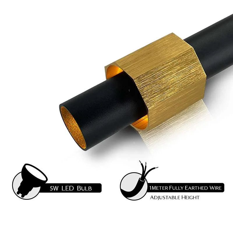 Modern black gold pendant light with a cylindrical aluminium shade and a single LED tube, hanging from ceiling