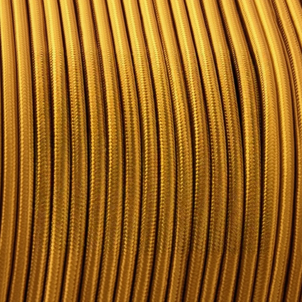 Round vintage braided fabric cable, 3‑core gold, flexible black cover, 0.75mm cores, 8 amp, indoor use.