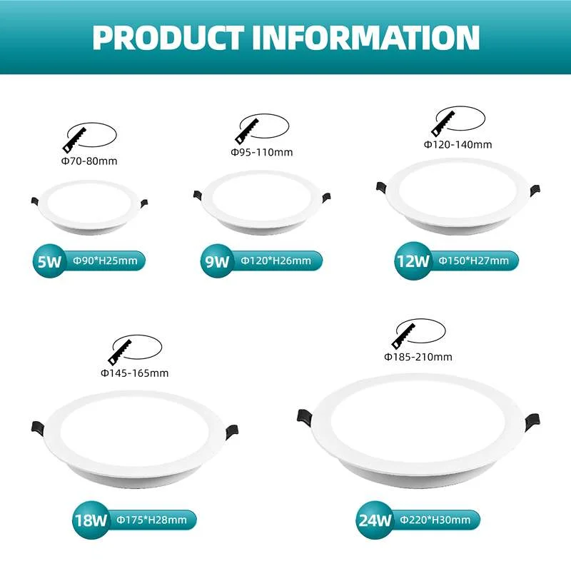 Round LED downlight – modern recessed ceiling panel in warm white, low‑profile plastic design.