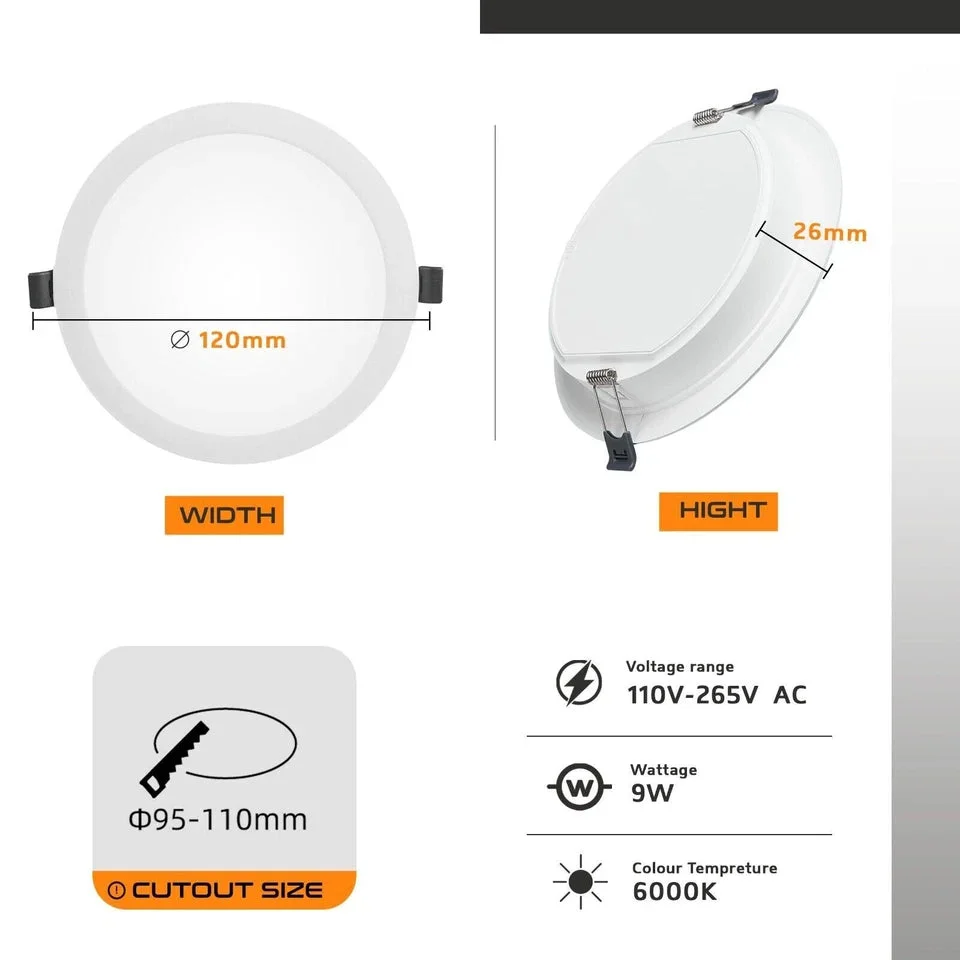 Durable LED panel light round sleek recessed design in warm white, low‑profile plastic mounting.