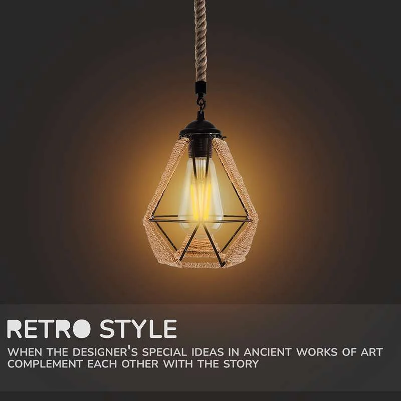 Vintage industrial hemp rope pendant light with metal cage, adjustable 95cm hemp cable, E27 socket.